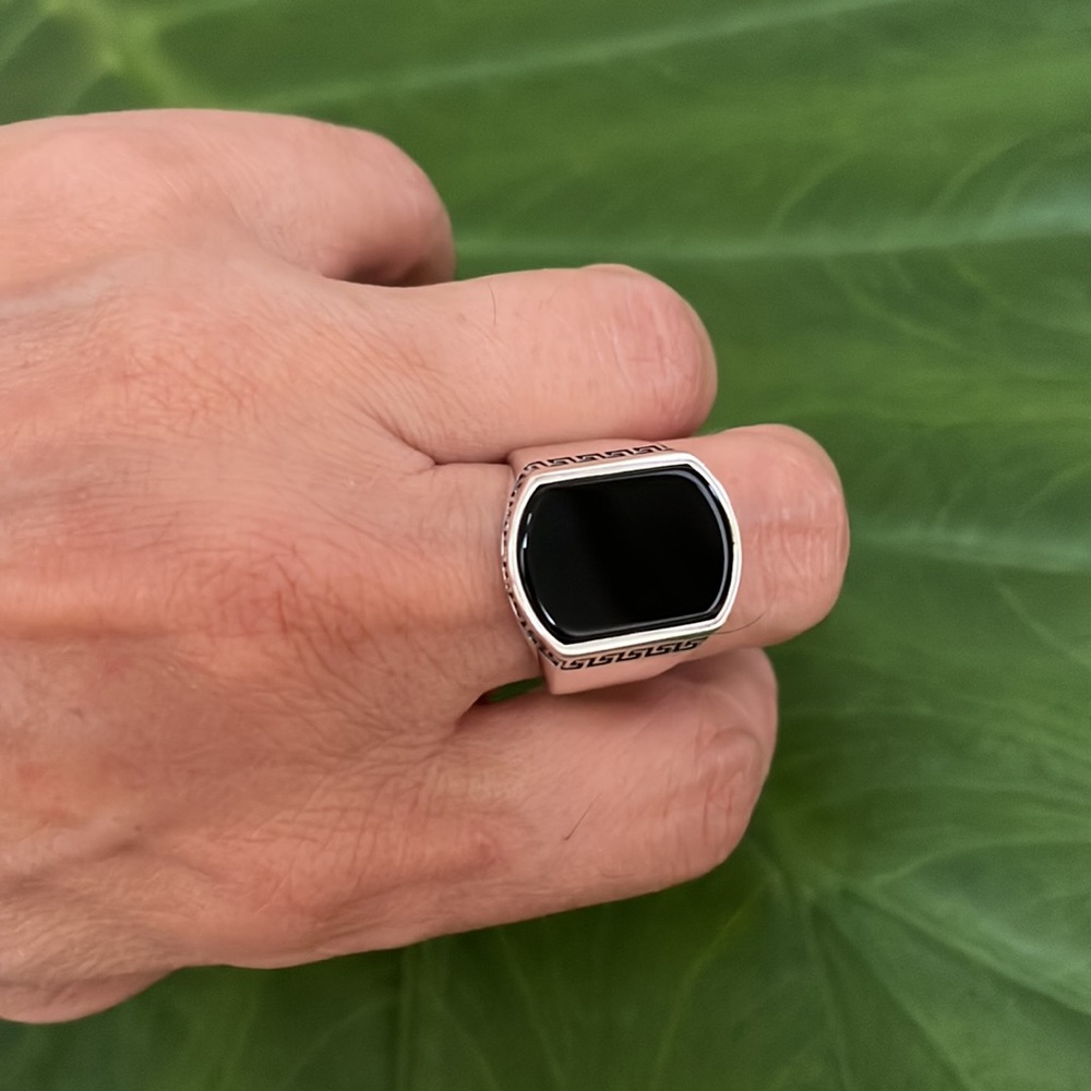 Men Sterling silver Black Onyx Ring Deco Signet Ring sizes 8 9 10 11 12